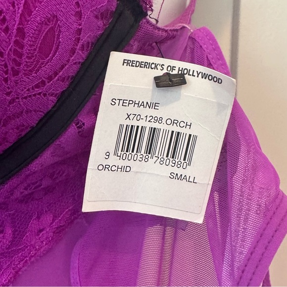 NWT Frederick’s of Hollywood Lace Stretch Mesh Purple Paris Slip Thong 2PC Set S - Picture 3 of 5